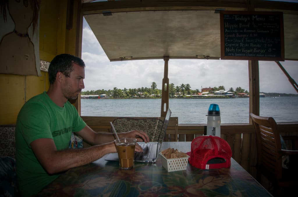 Working on a laptop in Panama