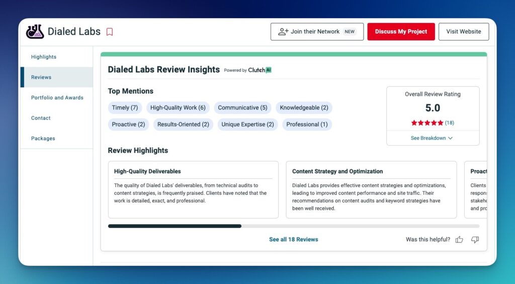 Client reviews for SEO agency, Dialed labs via the Clutch platform