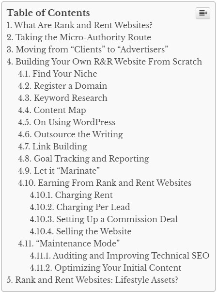 A well structured blog post table of contents