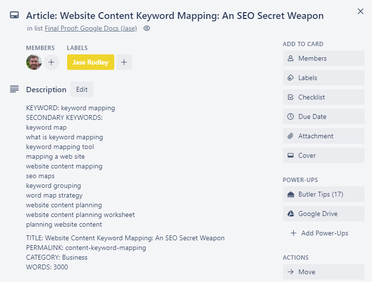 Trello card showing keyword grouping