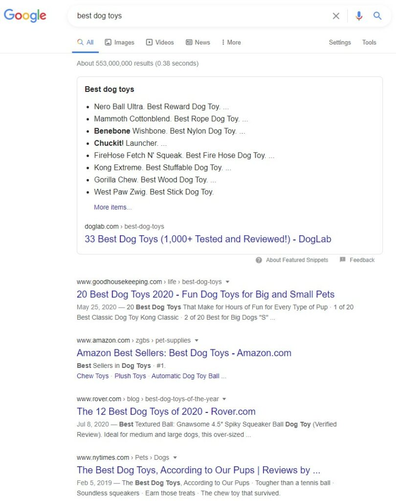 Google results for the query "best dog toys". This shows the results as mostly buyers guides, which make the searcher's intent when using these keywords.