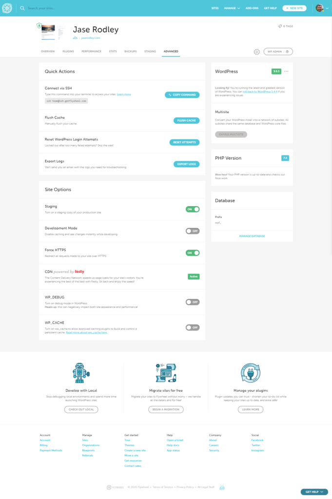 Flywheel's dashboard for advanced website settings