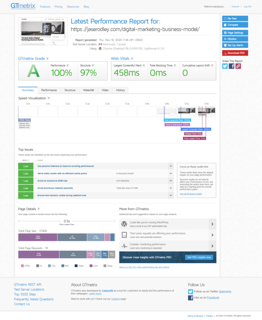 GTmetrix load speed on Flywheel's WordPress hosting