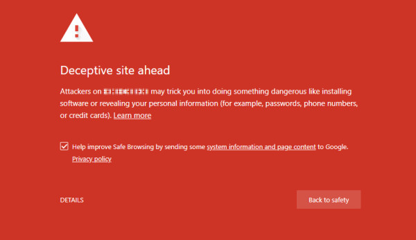 Deceptive site ahead warning in Google Chrome