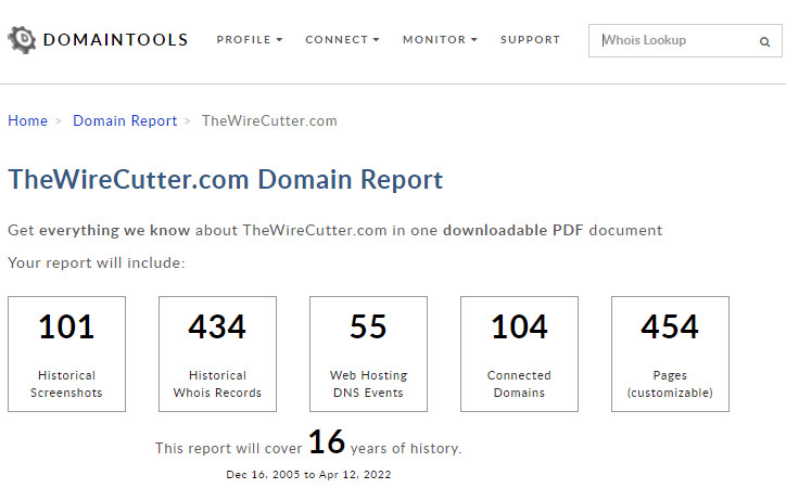 DomainTools' domain history report is especially useful for due diligence