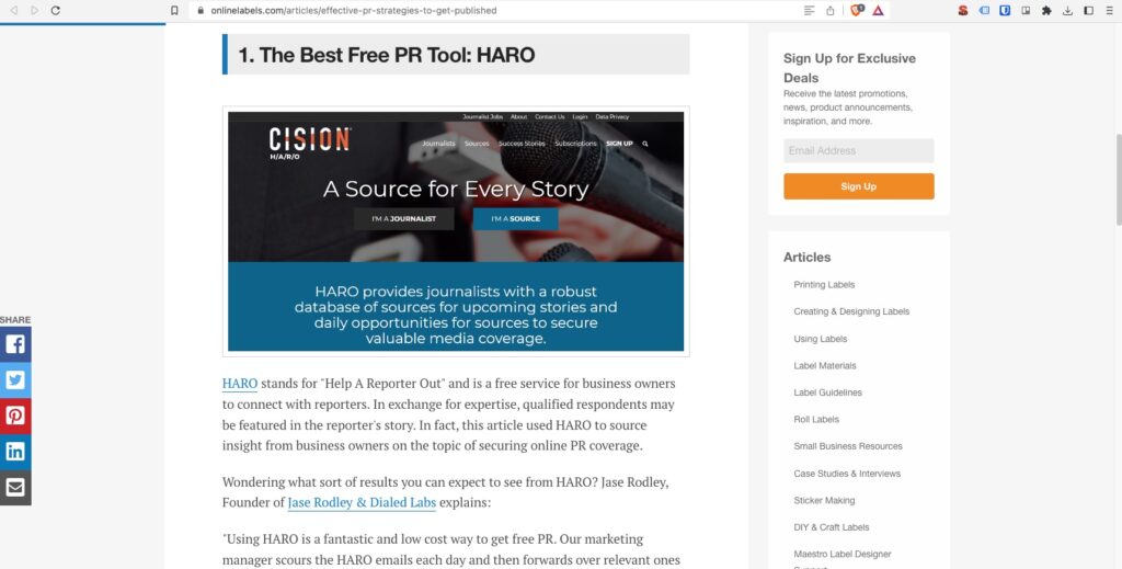 Example of a HARO backlink
