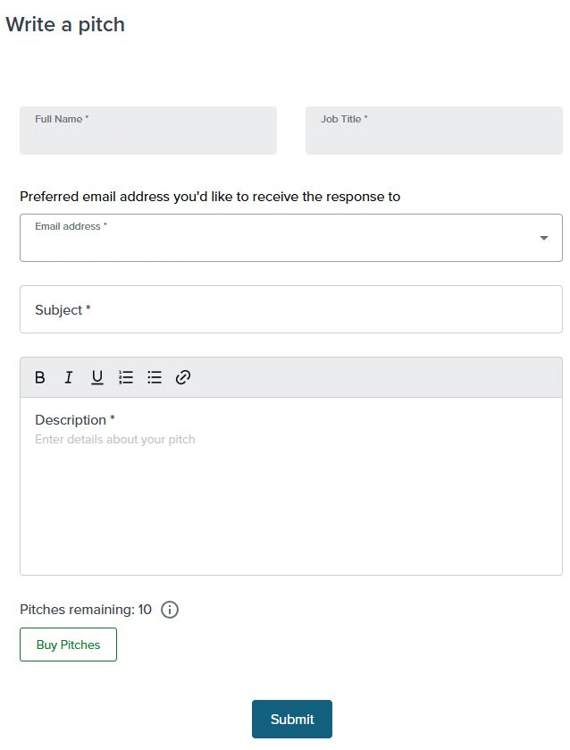 A pitch form on Connectively's dashboard